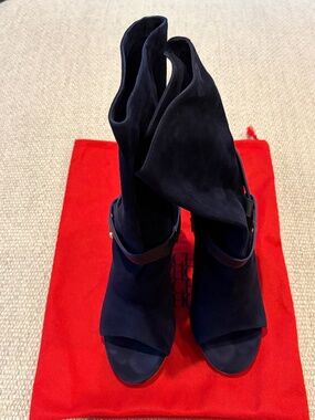 CH Carolina Herrera Suede Peep-Toe Ankle Boots, Navy Blue size 36